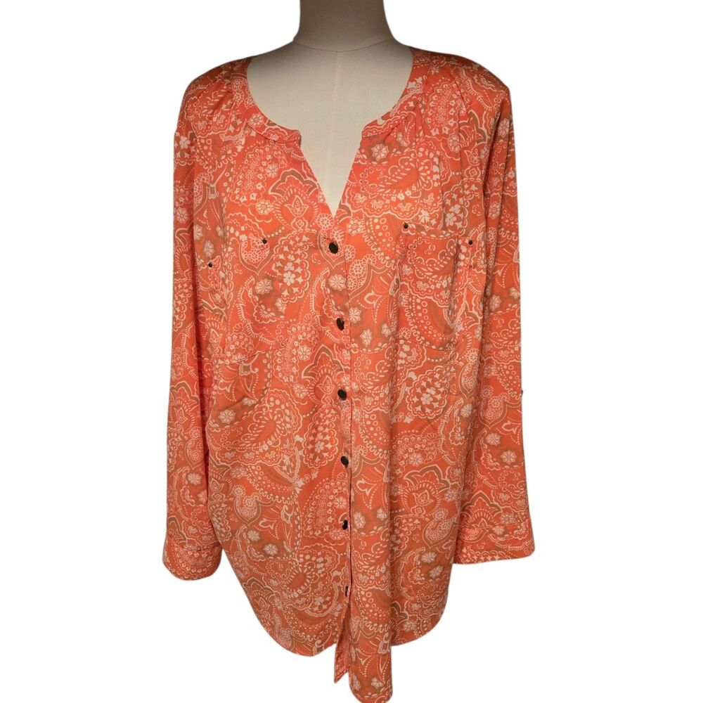 Catherine's Blouse Womens Size 1X 18/20W Orange Floral Paisley Roll Tab Sleeve